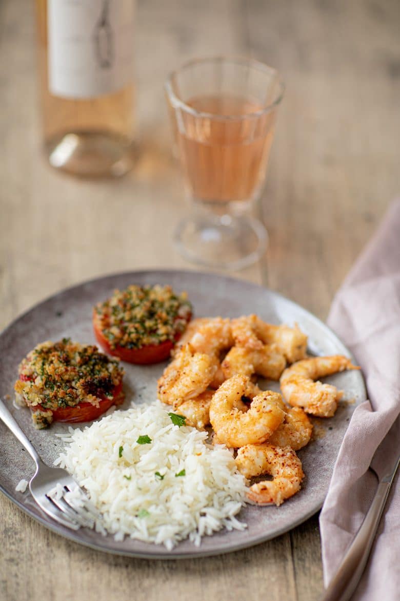 Crevettes noix de coco, riz et tomates à la Provençale. 